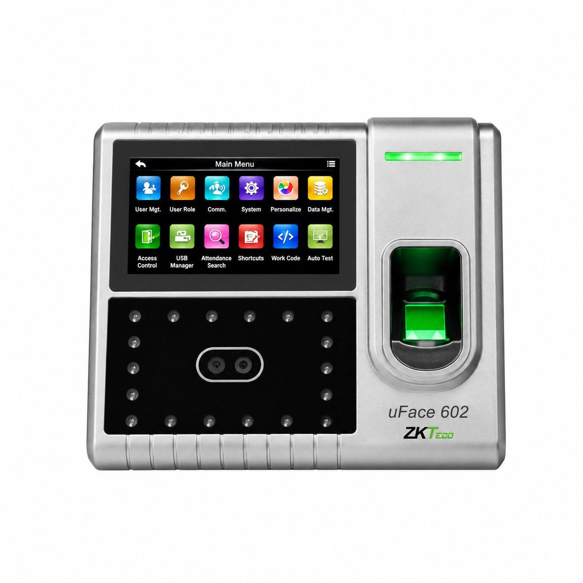 ZKTeco UFace602 face and fingerprint recognition attendance terminal front view with touchscreen and biometric sensor
