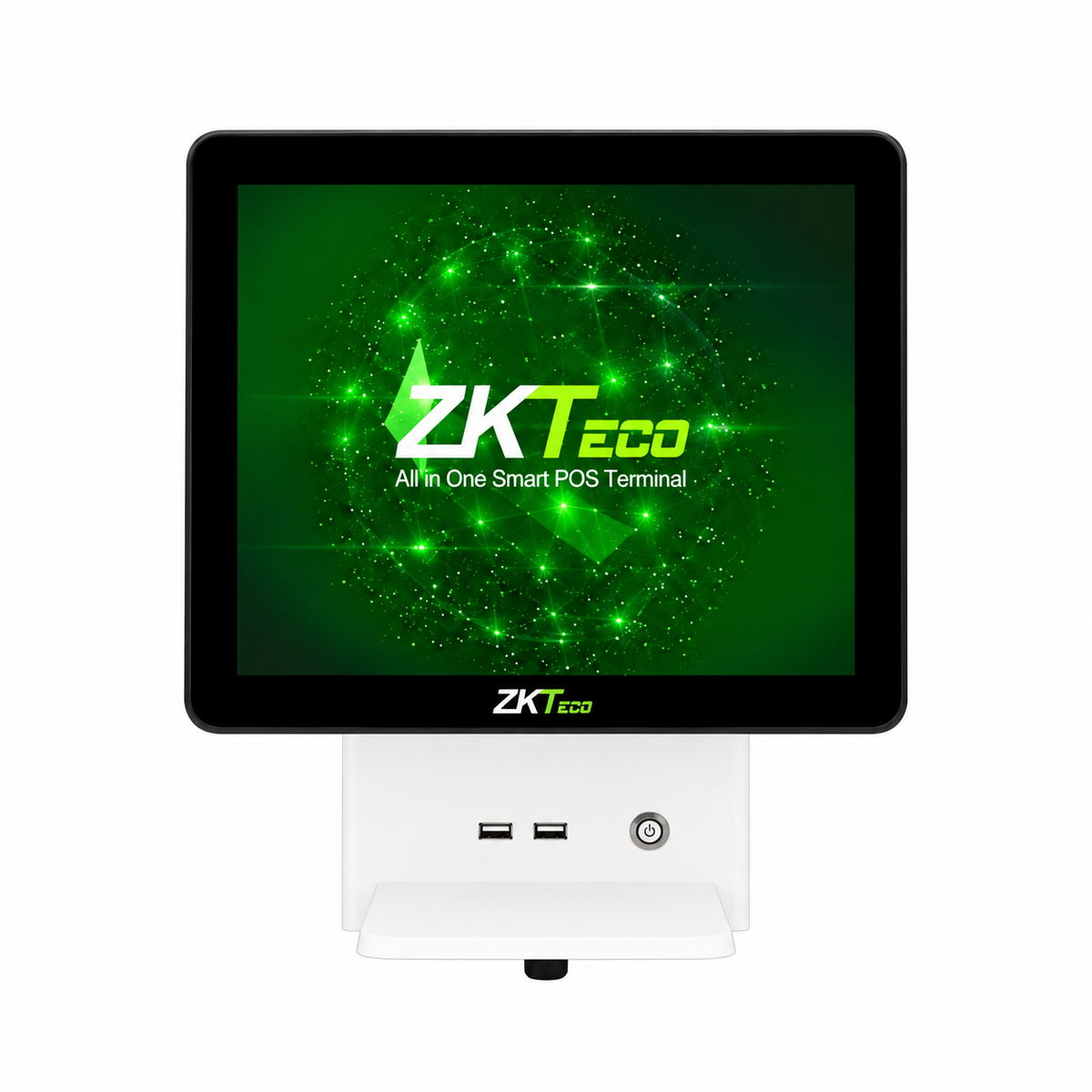 Black and white ZKTeco ZK1530 touchscreen POS terminal, front view with display and USB ports.