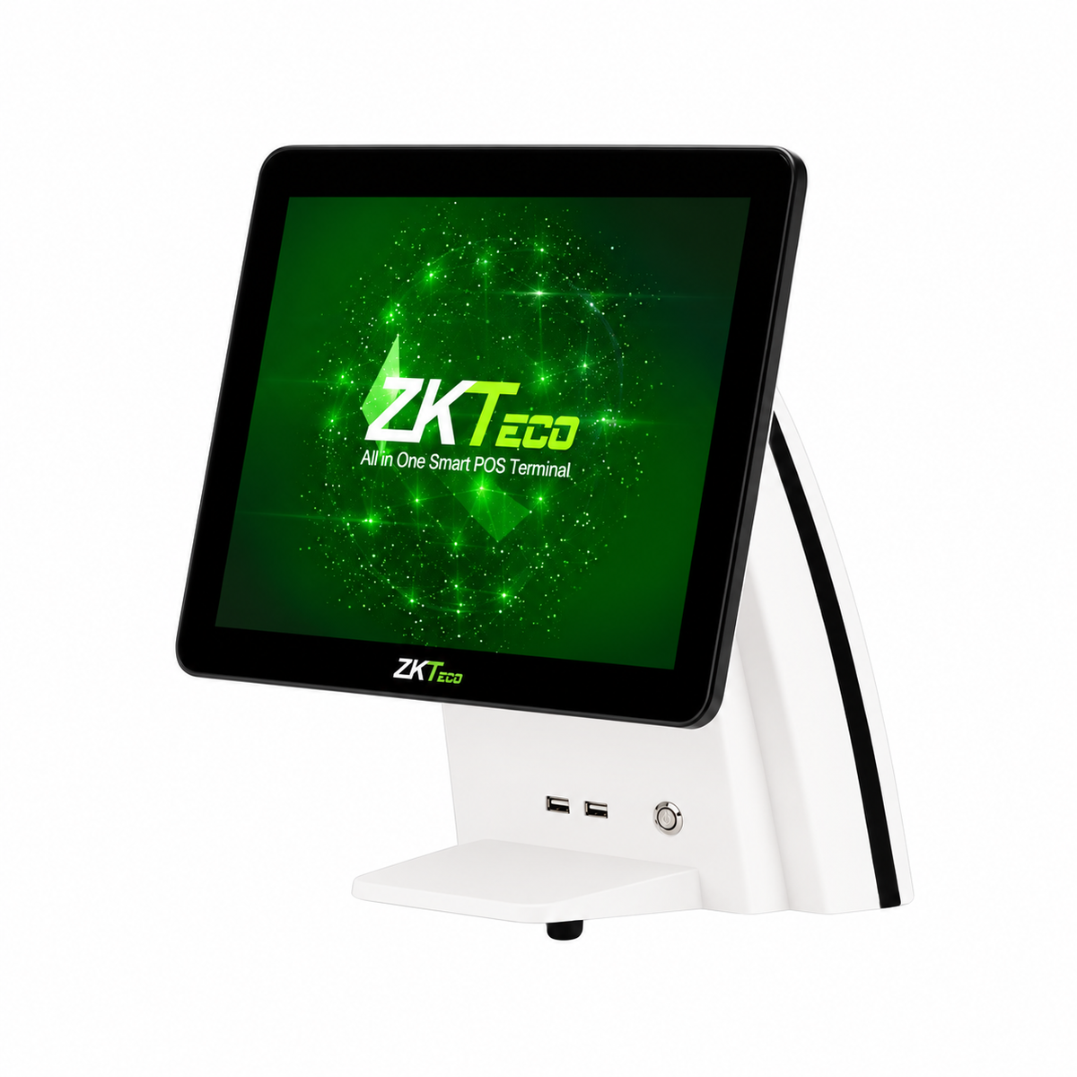 Black and white ZKTeco ZK1530 touchscreen POS terminal, right-side angled view with pedestal stand.
