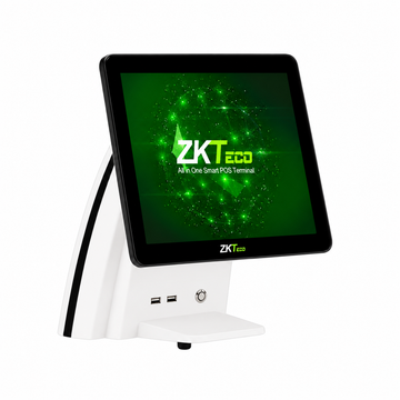 Black and white ZKTeco ZK1530 touchscreen POS terminal, left-side angled view with pedestal stand.