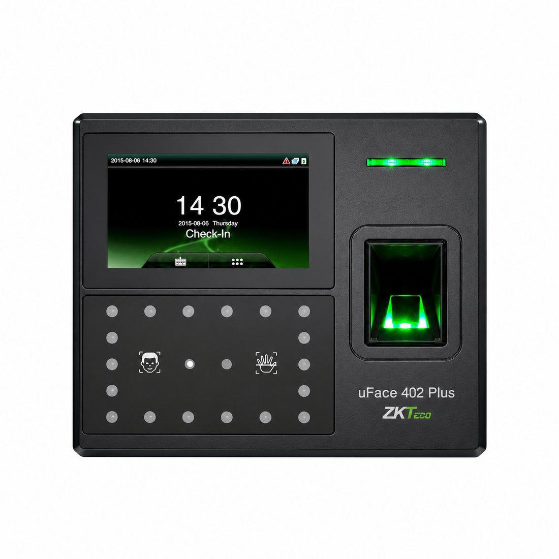 Black ZKTeco uFace 402 Plus biometric attendance device, front view showing the display, face recognition panel and green fingerprint scanner.