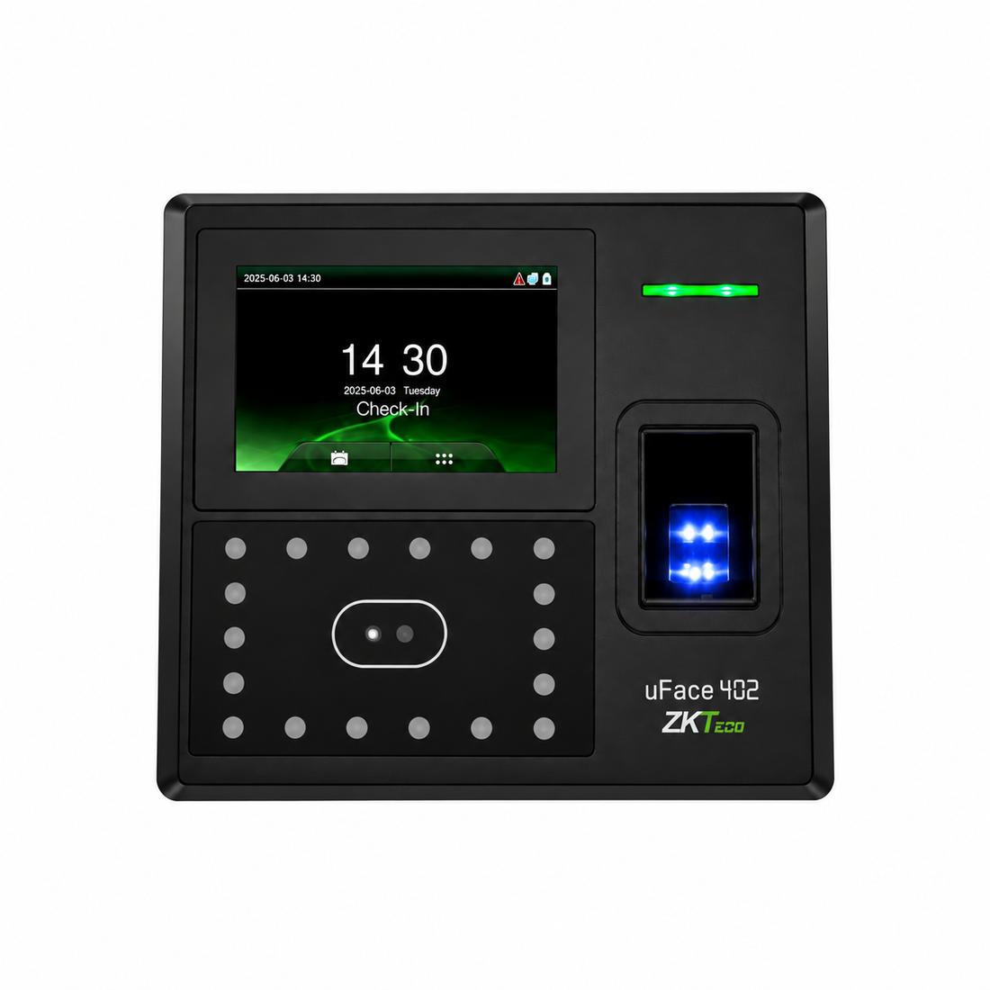 Black ZKTeco uFace 402 biometric attendance device, front view showing the display, face recognition sensors and blue-lit fingerprint scanner.