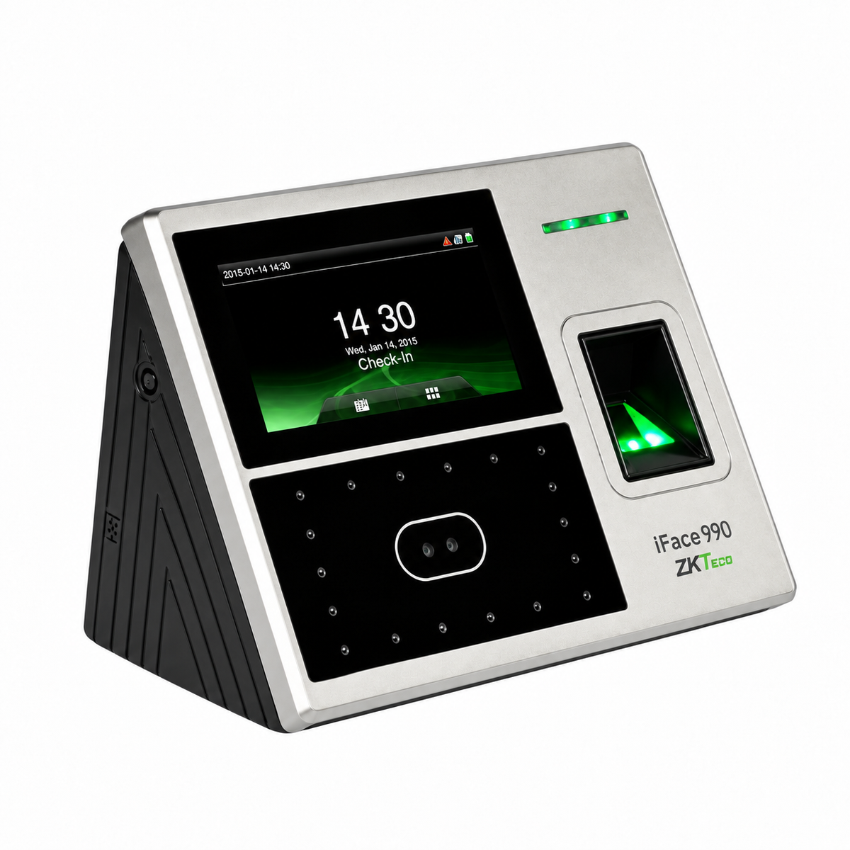 Silver and black ZKTeco iFace990 biometric attendance terminal, left-side angled view.