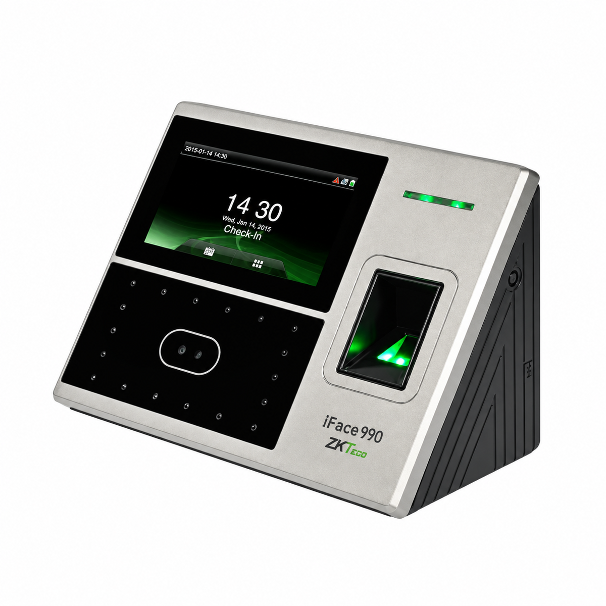 Silver and black ZKTeco iFace990 biometric attendance terminal, right-side angled view.