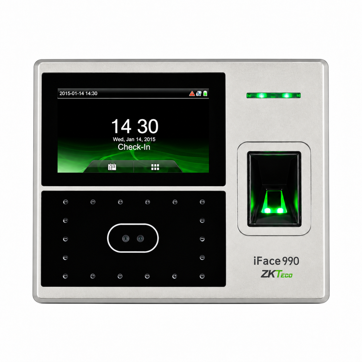 Silver and black ZKTeco iFace990 biometric attendance terminal, front view with screen, face sensors and fingerprint reader.
