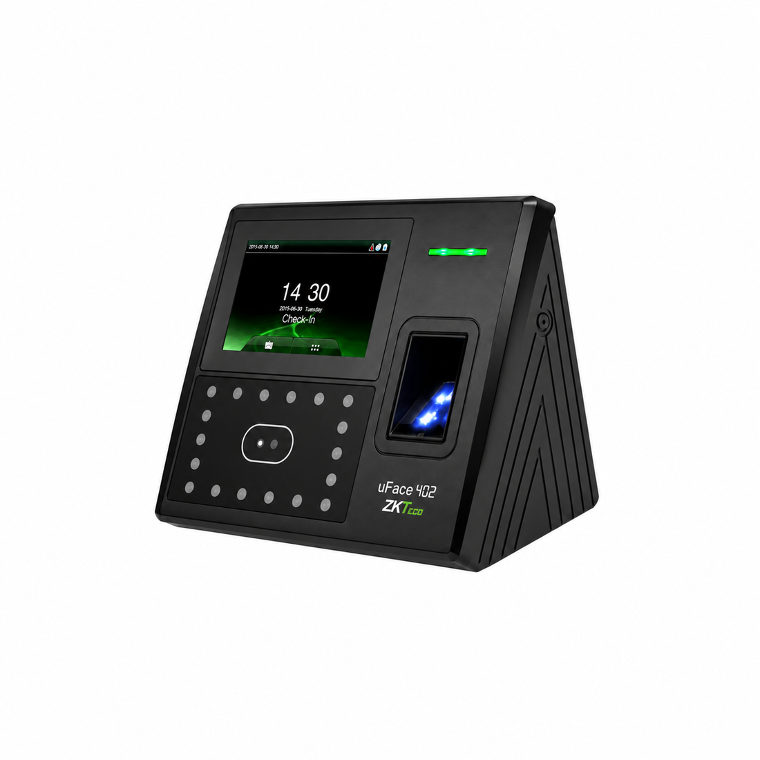 Black ZKTeco uFace 402 biometric attendance device, front view showing the display, face recognition sensors and blue-lit fingerprint scanner.