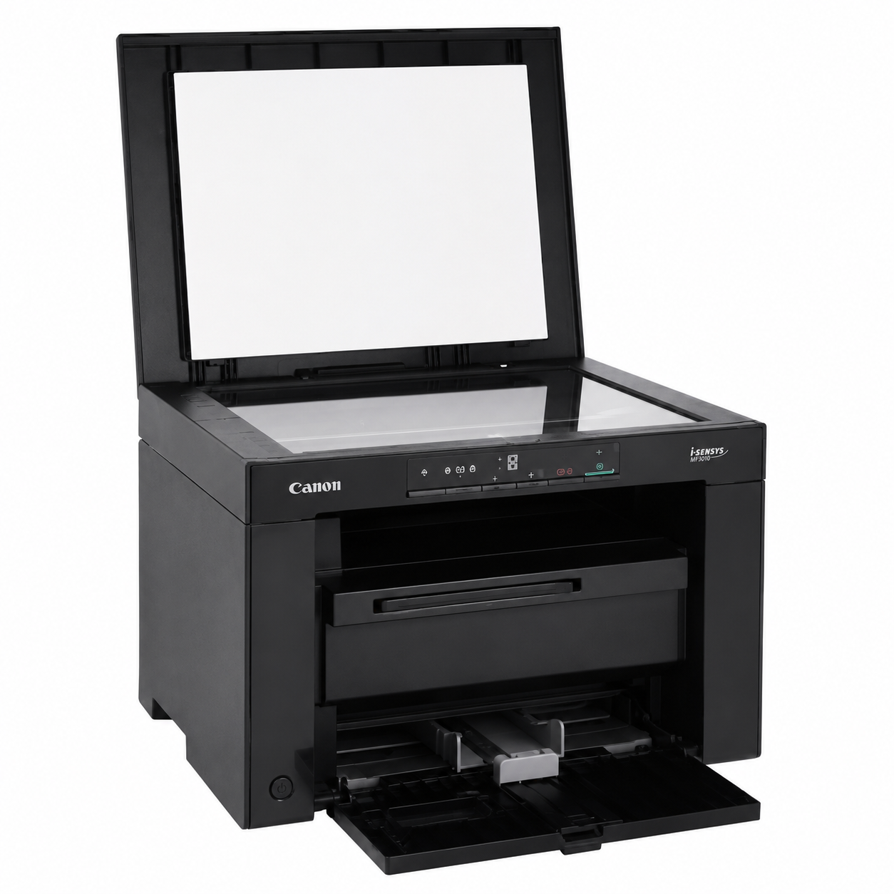 Canon i-SENSYS MF3010 mono laser printer right-side view showing the compact multifunction printer body for small office desks.