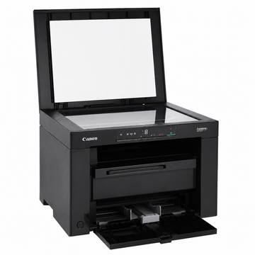 Canon i-SENSYS MF3010 mono laser printer right-side view showing the compact multifunction printer body for small office desks.