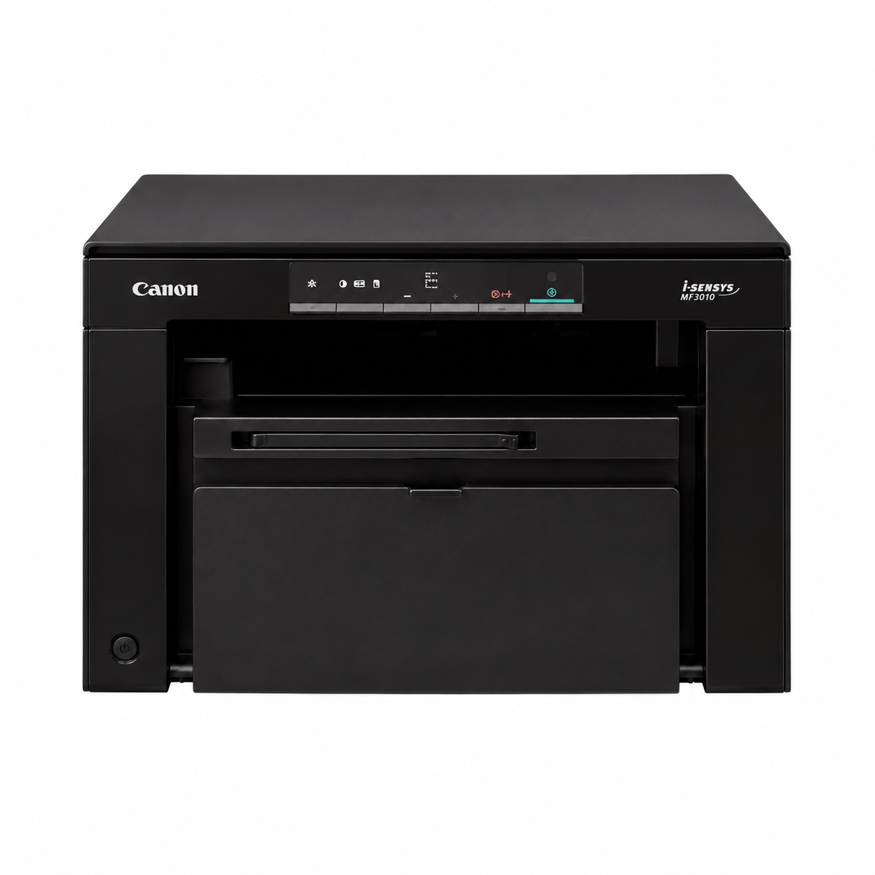Canon i-SENSYS MF3010 monochrome laser multifunction printer top view showing the flatbed scanner lid and compact desktop printer design.