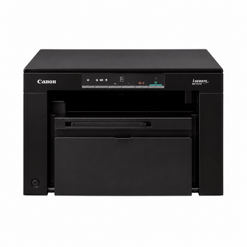 Canon i-SENSYS MF3010 monochrome laser multifunction printer top view showing the flatbed scanner lid and compact desktop printer design.