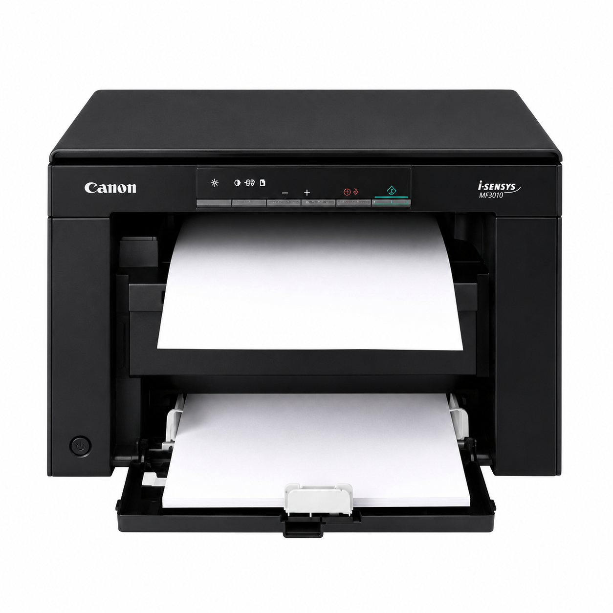 Canon i-SENSYS MF3010 monochrome laser multifunction printer showing Printing and compact desktop printer design.
