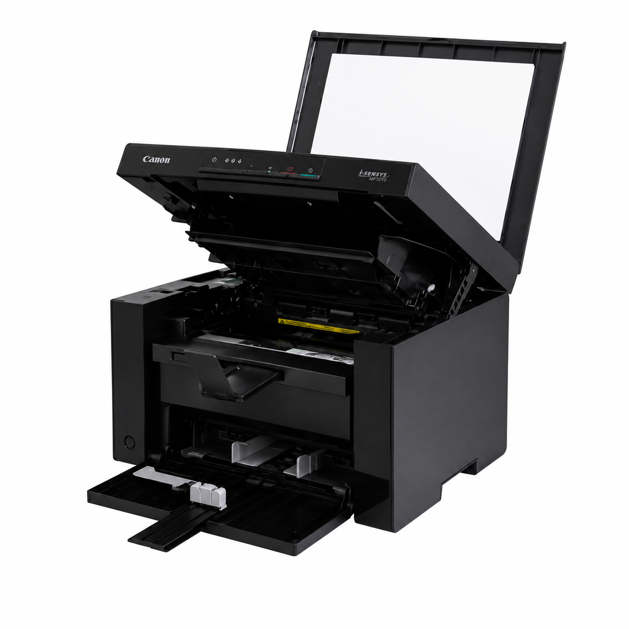 Canon i-SENSYS MF3010 multifunction printer close-up showing the vertical display, control buttons and scanner lid area.