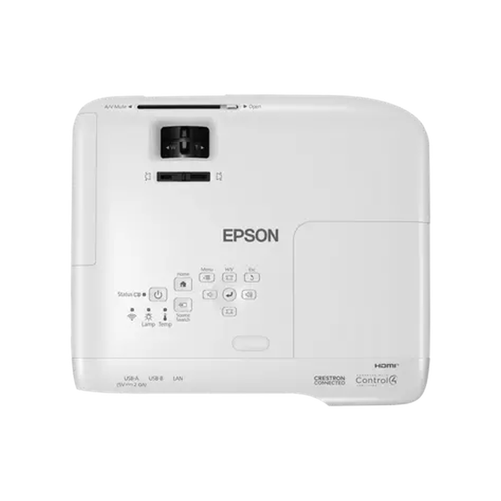Epson EB-994F Full HD wireless projector rear view showing HDMI, VGA, Ethernet, USB, audio and power connection ports.