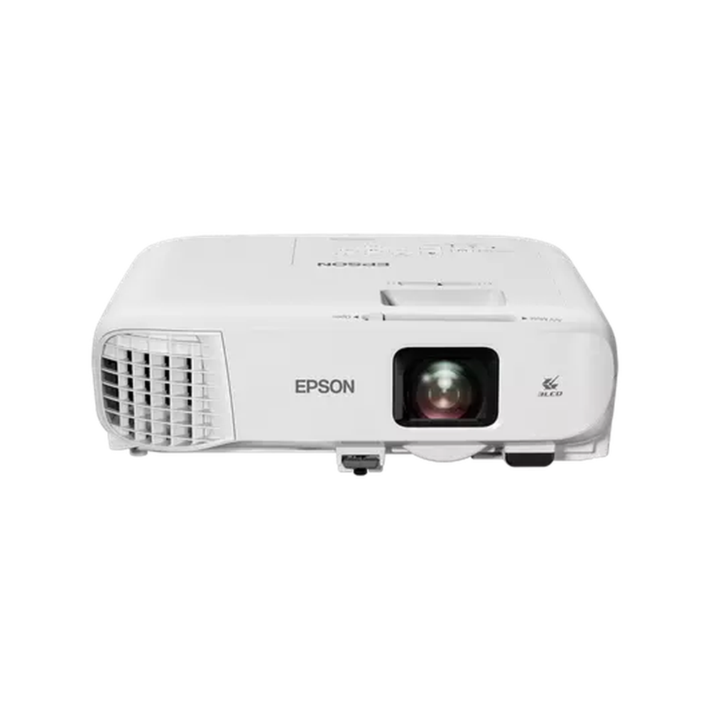 Epson EB-994F Full HD wireless 3LCD projector top view in white showing the control panel, lens area and compact business projector design.