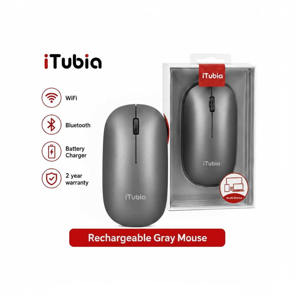 iTubia rechargeable gray wireless mouse with retail package, WiFi, Bluetooth, battery charger, and 2 year warranty icons