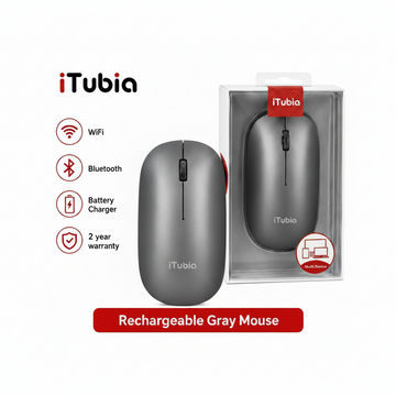 iTubia rechargeable gray wireless mouse with retail package, WiFi, Bluetooth, battery charger, and 2 year warranty icons