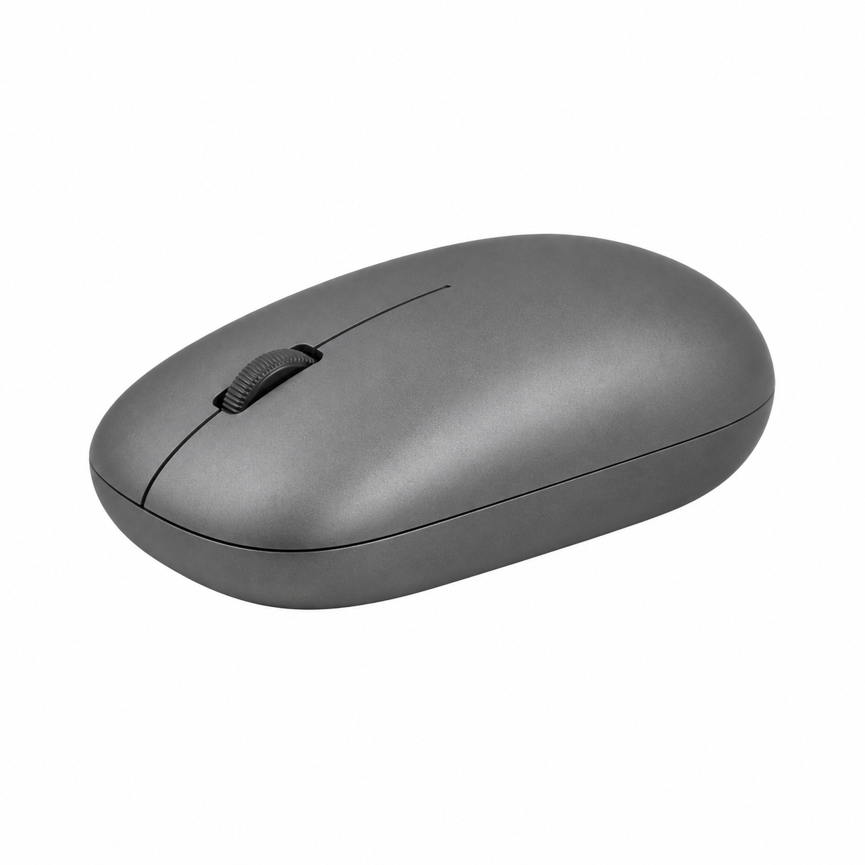 iTubia rechargeable gray wireless mouse angled side view showing low-profile curved shape