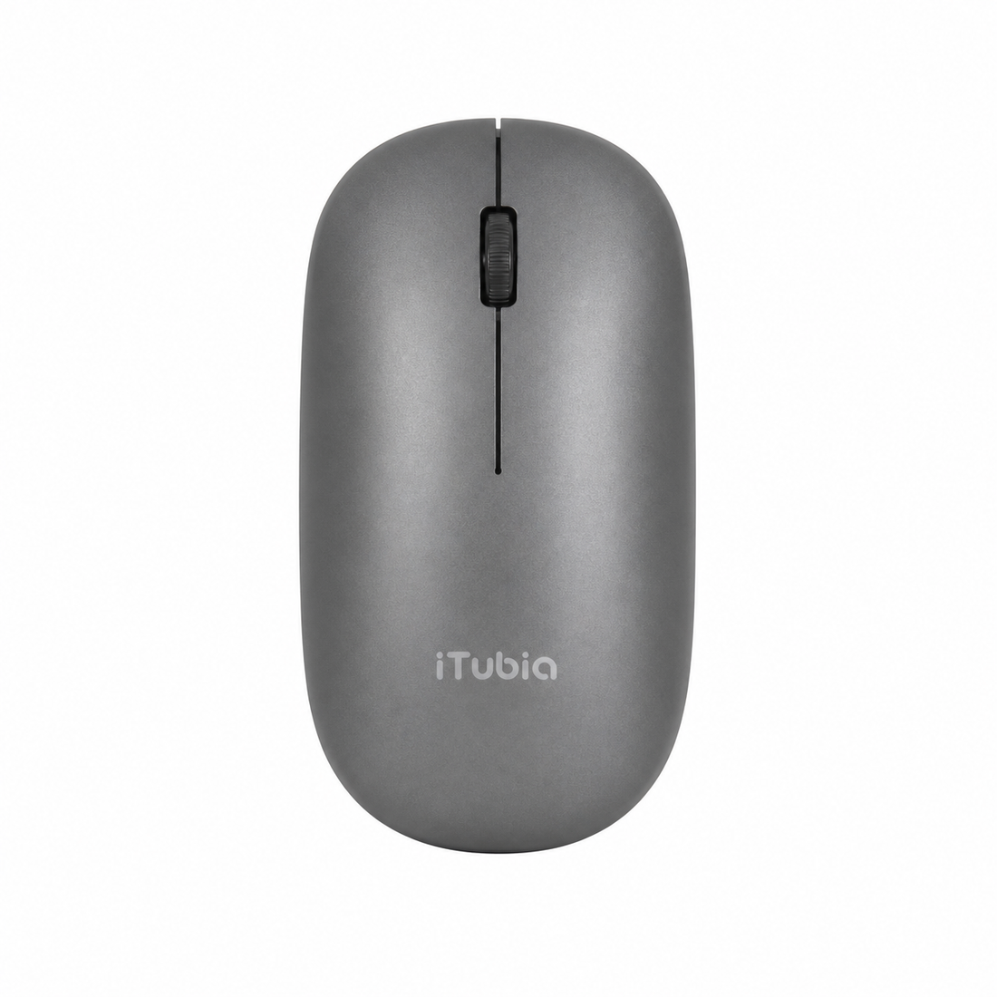 iTubia rechargeable gray wireless mouse with retail package, WiFi, Bluetooth, battery charger, and 2 year warranty icons