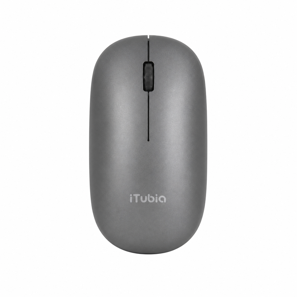 iTubia rechargeable gray mouse front view showing scroll wheel and slim minimalist design