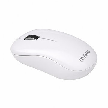 iTubia white wireless mouse angled side view with slim curved design