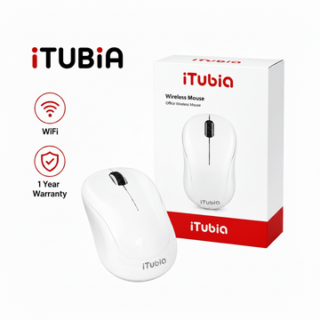 iTubia wireless mouse with retail box, WiFi icon, and 1 year warranty badge