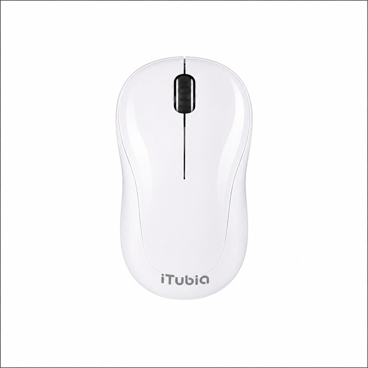iTubia white wireless mouse top view with scroll wheel and minimalist shape