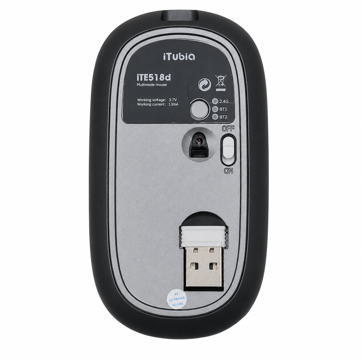 iTUBiA rechargeable gray wireless mouse bottom view showing the optical sensor, power switch and USB receiver