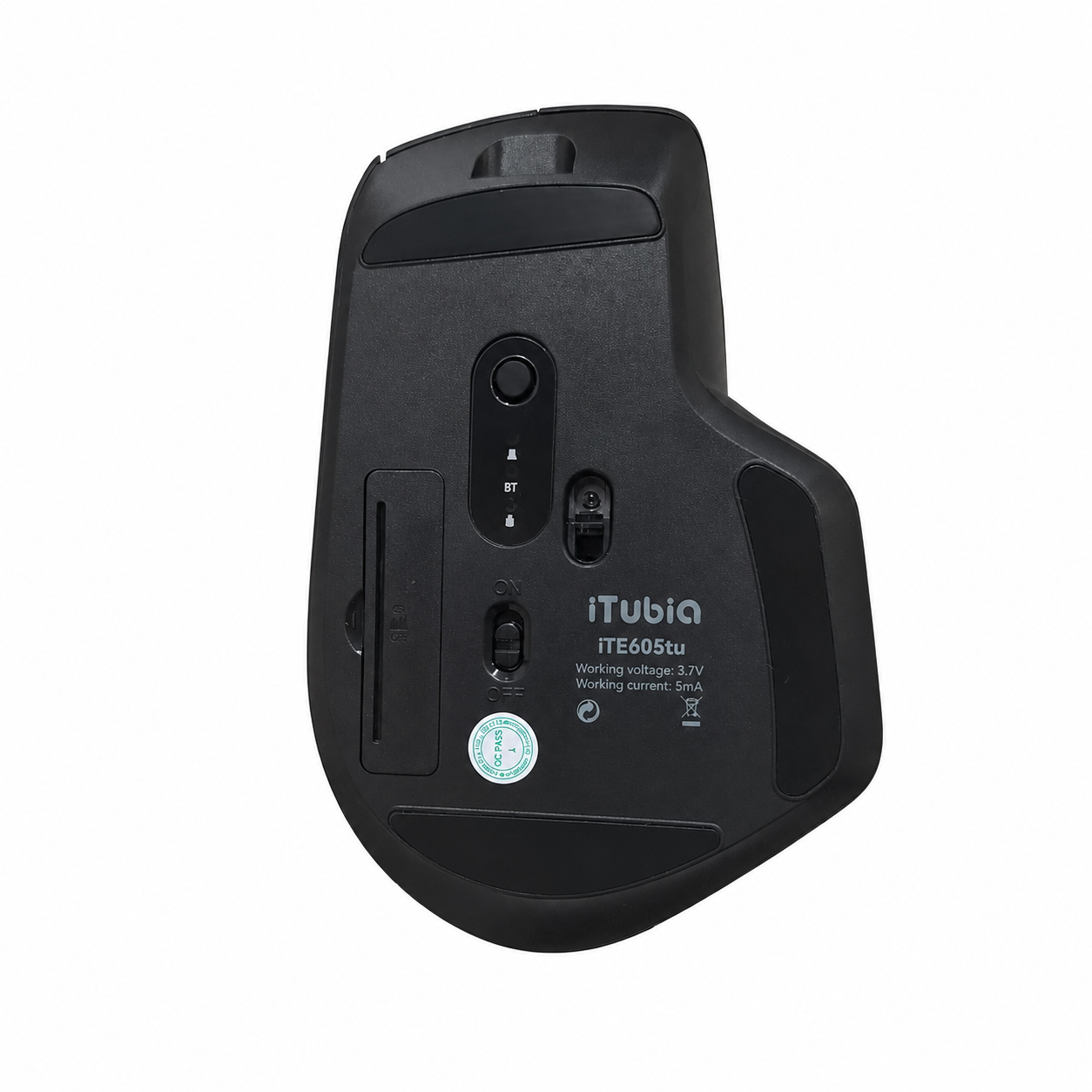 iTUBiA iTE605tu black multimode wireless mouse bottom view showing optical sensor and control switches