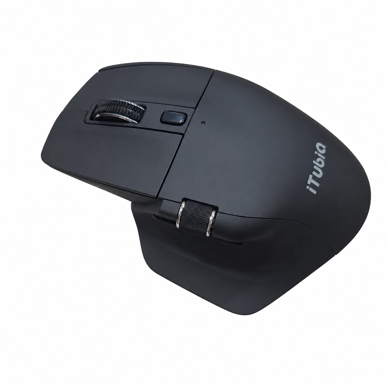 iTUBiA iTE605tu black multimode wireless mouse angled top view showing scroll wheel and DPI buttons