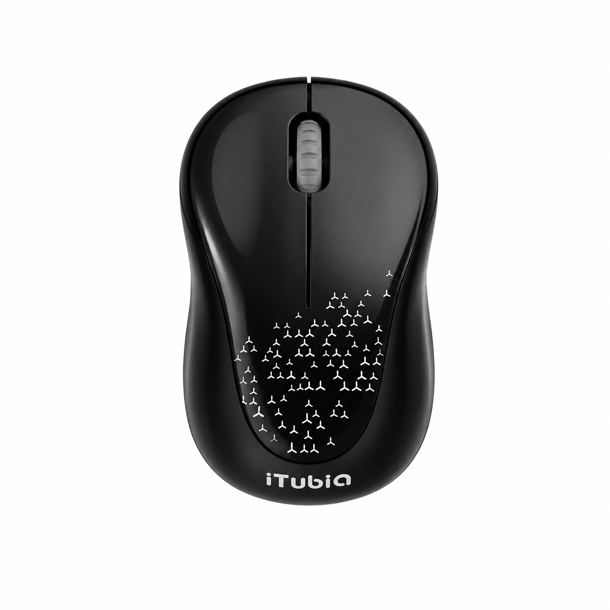 iTUBiA iTV10 black wireless mouse front view with scroll wheel and patterned design