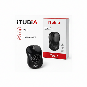 iTUBiA iTV10 wireless mouse with retail box, WiFi icon, and 1 year warranty badge