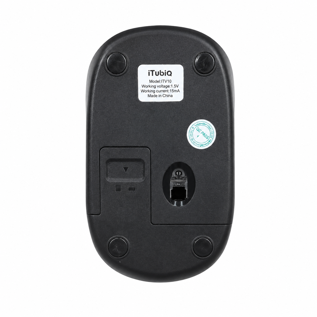 iTUBiA iTV10 black wireless mouse bottom view showing the optical sensor and battery compartment