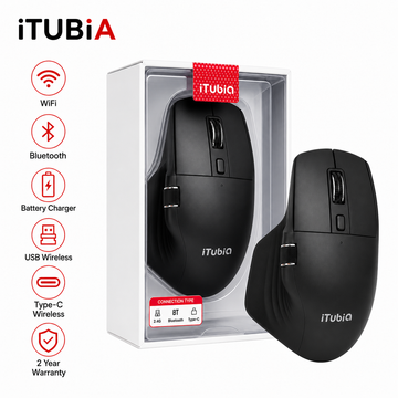 iTUBiA black ergonomic multimode wireless mouse with retail box, WiFi, Bluetooth, battery charger, USB wireless, Type-C wireless, and 2 year warranty icons