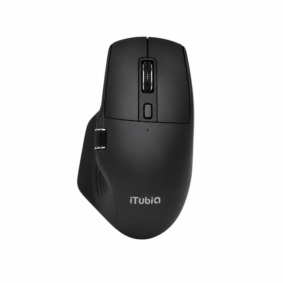 iTUBiA black ergonomic multimode wireless mouse with retail box, WiFi, Bluetooth, battery charger, USB wireless, Type-C wireless, and 2 year warranty icons