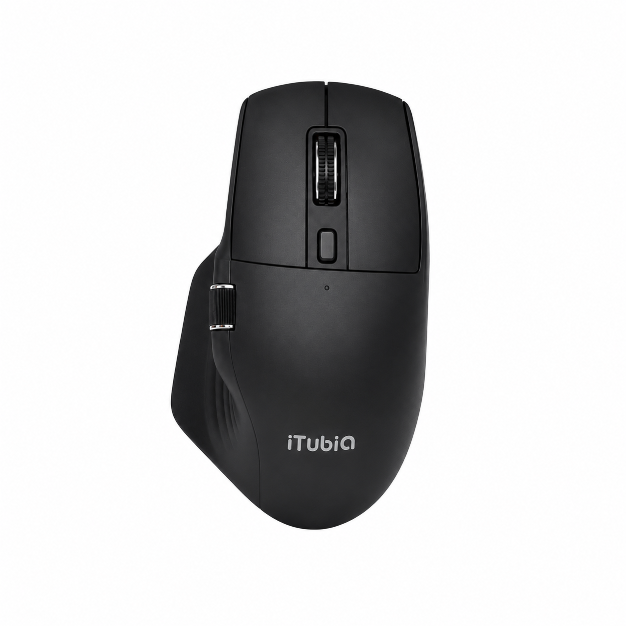 iTUBiA black ergonomic wireless mouse front view showing scroll wheel, side wheel, and buttons