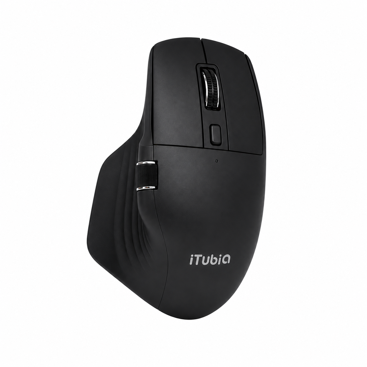 iTUBiA black ergonomic wireless mouse angled side view showing contoured grip and vertical design