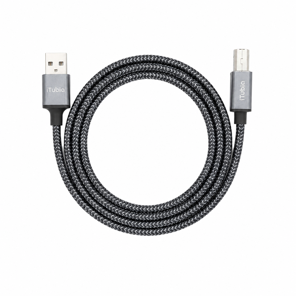 iTubia i-PC01 1.5M USB-A to USB-B printer cable coiled view showing the durable braided exterior and both connectors