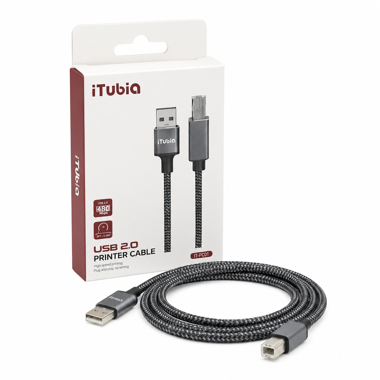 iTubia i-PC01 1.5M USB 2.0 printer cable with retail packaging showing braided USB-A to USB-B cable
