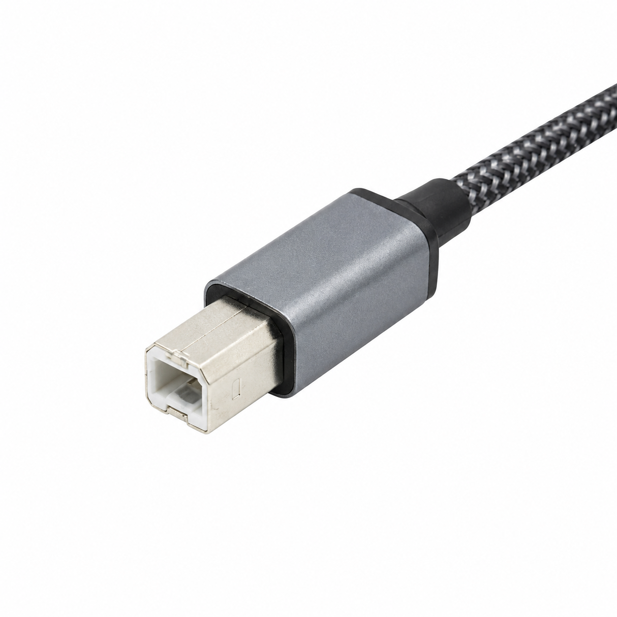 iTubia i-PC01 printer cable USB-B connector close-up showing the braided cable and metallic connector housing