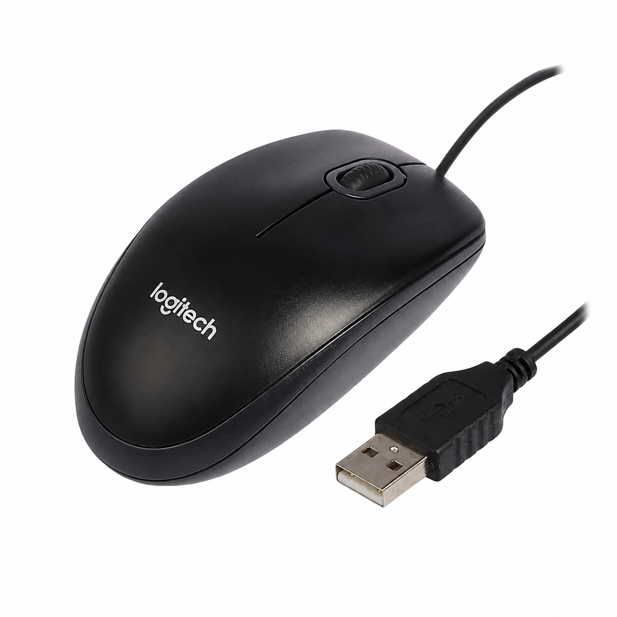 Logitech B100 optical USB mouse angled front view showing the black design, wired connection and USB-A connector