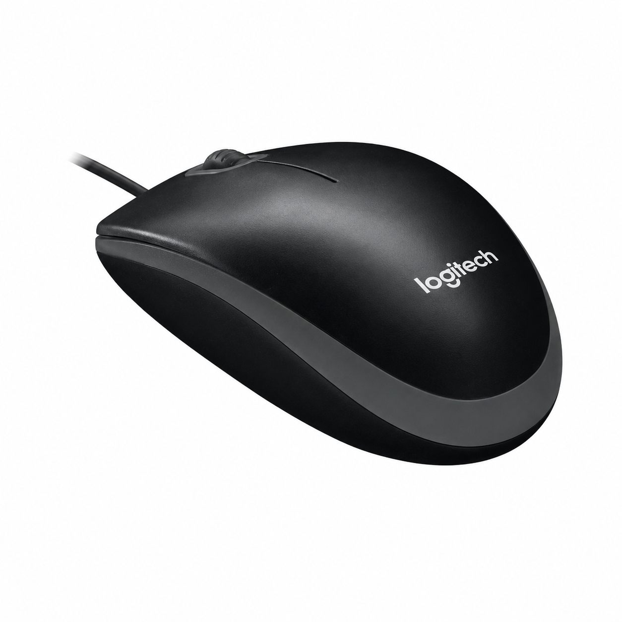 Logitech B100 wired optical mouse angled side view showing the curved black body and USB cable