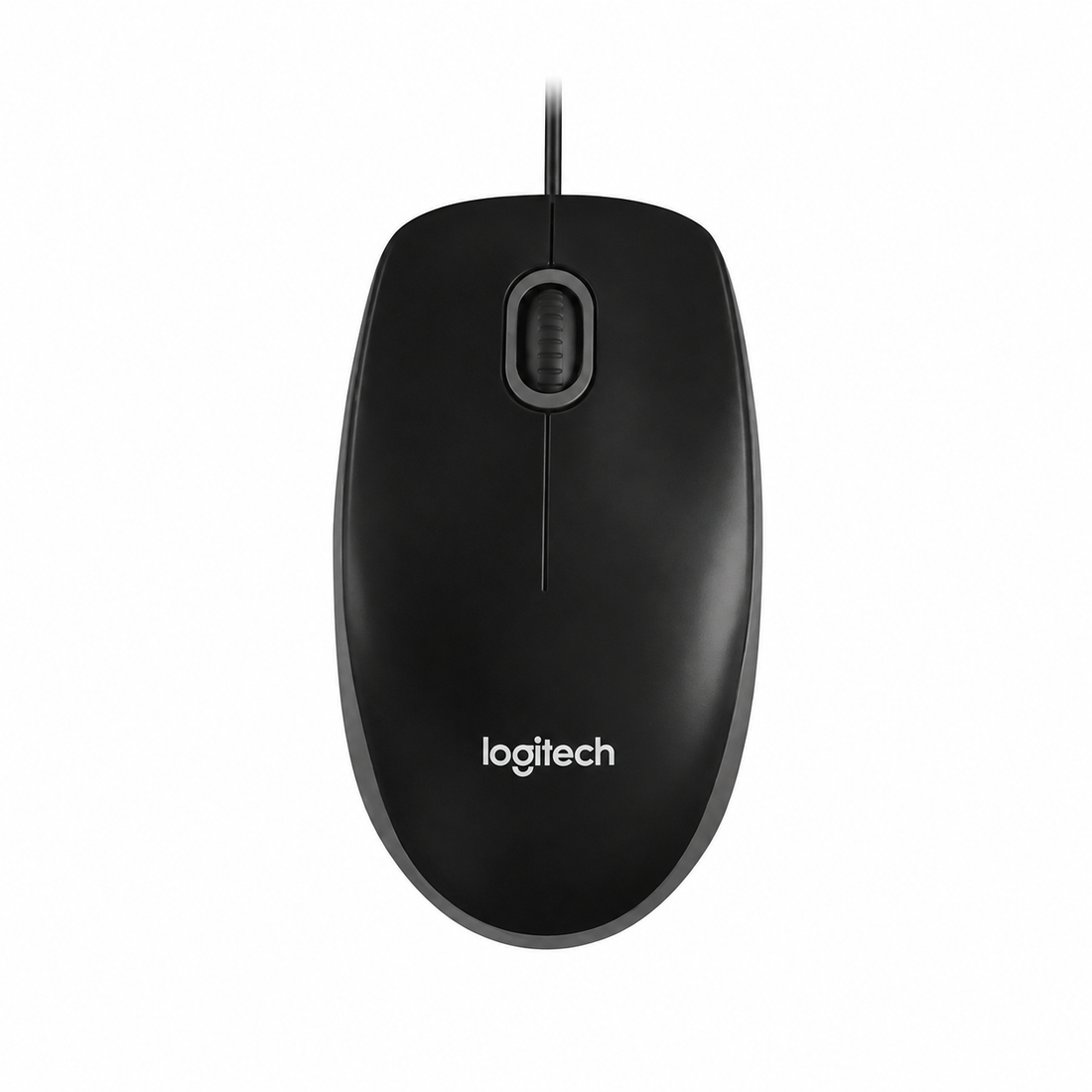 Logitech B100 optical USB mouse top view showing the black ambidextrous design, scroll wheel and Logitech logo