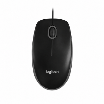 Logitech B100 optical USB mouse top view showing the black ambidextrous design, scroll wheel and Logitech logo