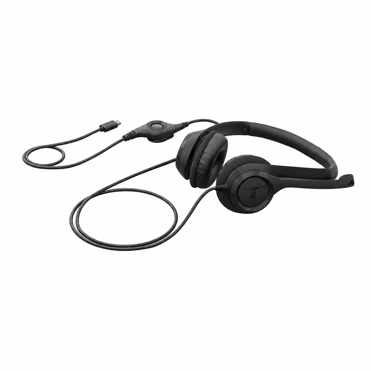 Logitech H390 USB headset flat view showing the black on-ear design, inline volume and mute controls, and wired USB-A connection