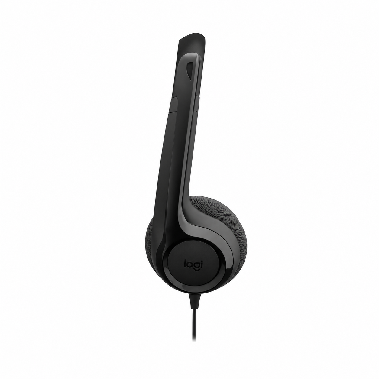 Logitech H390 USB computer headset side view showing the adjustable headband, on-ear cushion and boom microphone