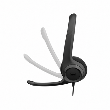 Logitech H390 USB headset side view showing the rotating boom microphone in multiple positions