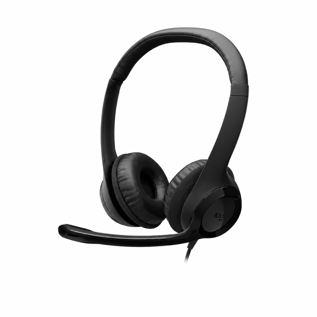 Logitech H390 USB computer headset front angled view showing the dual earcups, adjustable headband and attached boom microphone