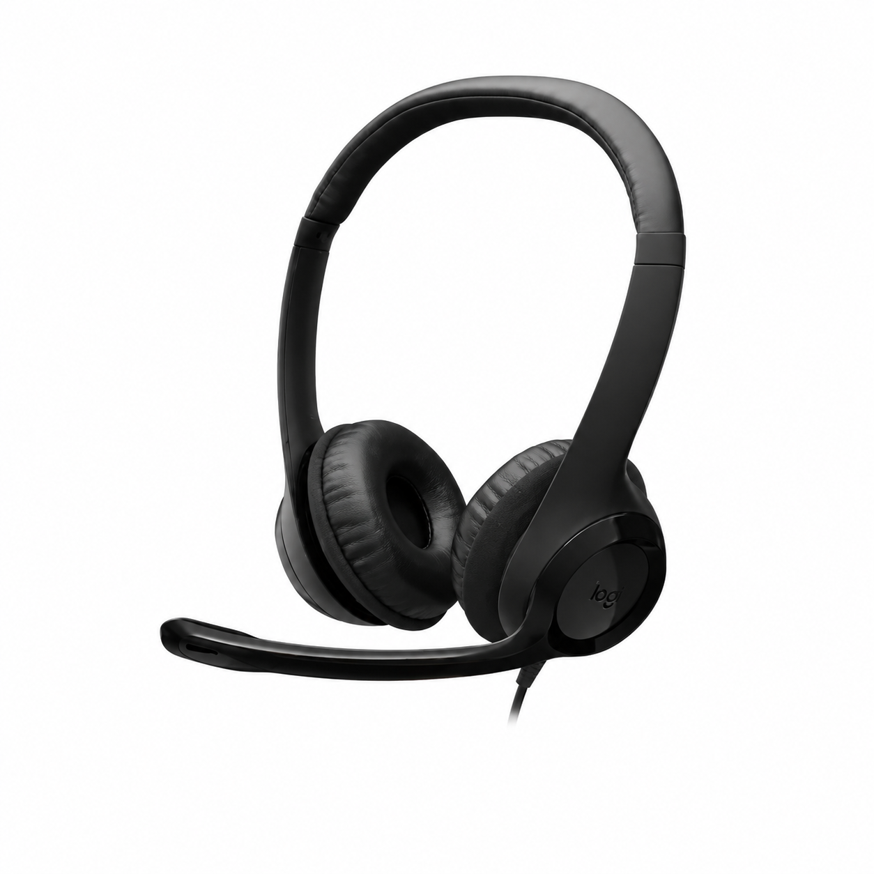 Logitech H390 USB computer headset front angled view showing the dual earcups, adjustable headband and attached boom microphone