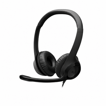 Logitech H390 USB computer headset front angled view showing the dual earcups, adjustable headband and attached boom microphone