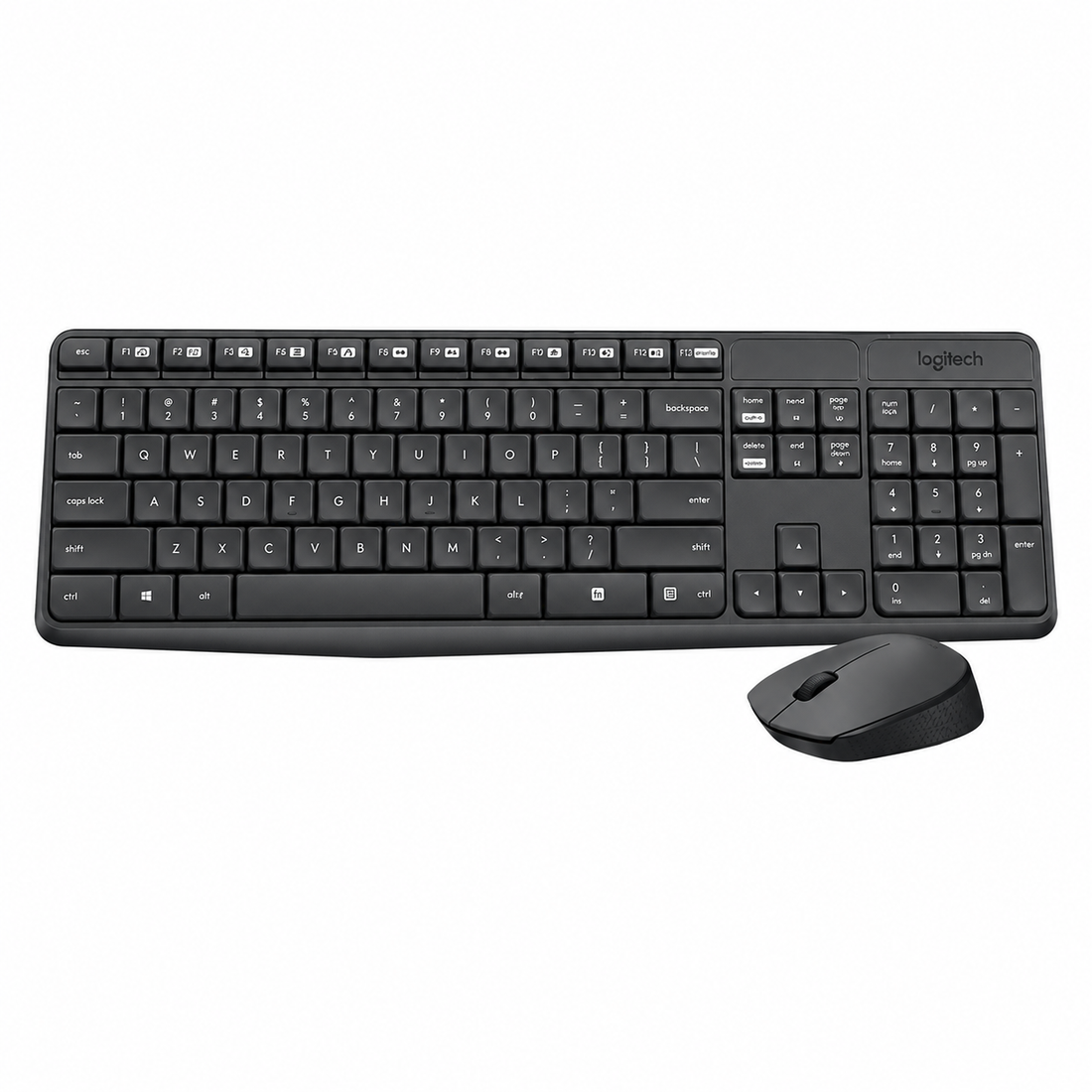 Logitech MK235 wireless keyboard and mouse combo front view showing the full-size grey Arabic keyboard with numeric keypad and matching wireless mouse